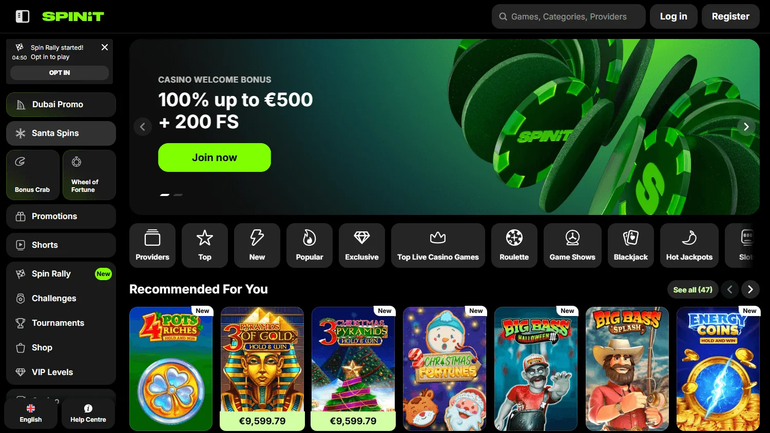 Spinit Casino desktop home experience