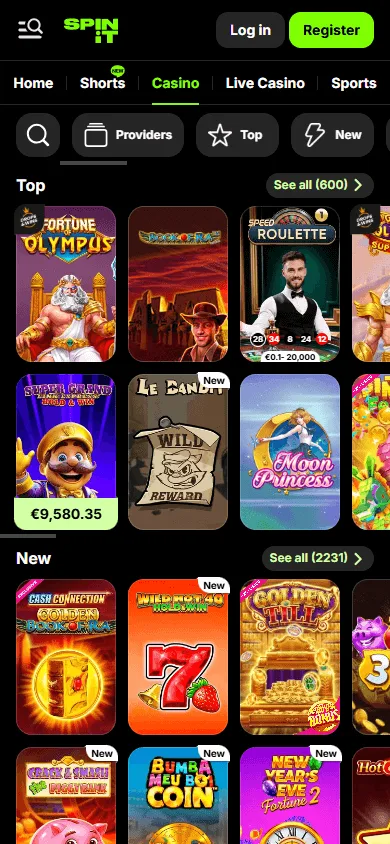 Spinit Casino mobile games selection